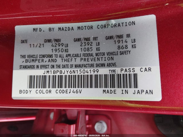 45035762 :رقم المزاد ، JM1BPBJY6N1504199 vin ، 2022 Mazda Mazda3 2.5 Turbo مزاد بيع