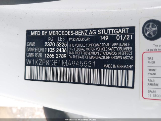 Aukcja sprzedaży 2021 Mercedes-benz E 350, vin: W1KZF8DB1MA945531, numer aukcji: 45035765