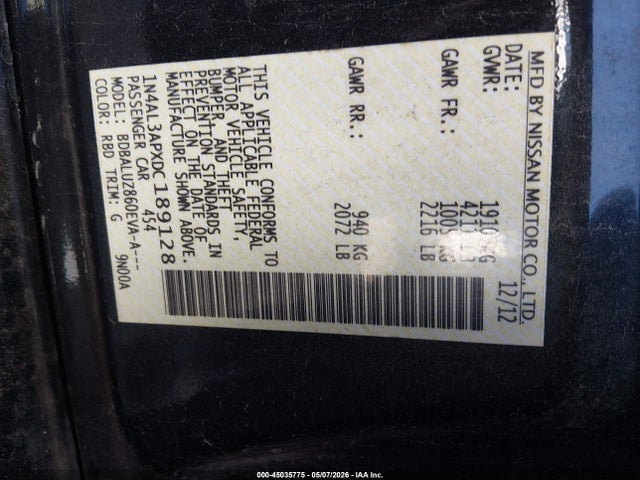 45035775 :رقم المزاد ، 1N4AL3APXDC189128 vin ، 2013 Nissan Altima 2.5 Sv مزاد بيع
