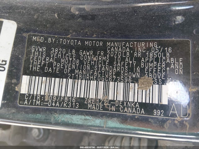 Продаж на аукціоні авто 2016 Toyota Corolla Le, vin: 2T1BURHE0GC673596, номер лоту: 45035790