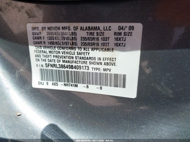 Aukcja sprzedaży 2009 Honda Odyssey Ex-l, vin: 5FNRL38649B409173, numer aukcji: 45035794