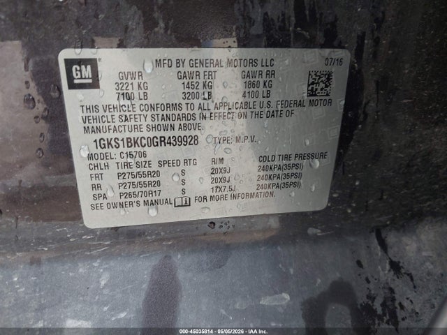 1GKS1BKC0GR439928 GMC YUKON SLT