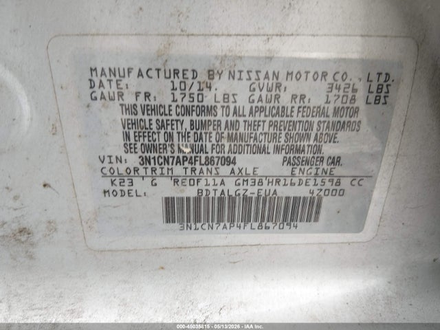 Aukcja sprzedaży 2015 Nissan Versa 1.6 Sl, vin: 3N1CN7AP4FL867094, numer aukcji: 45035815