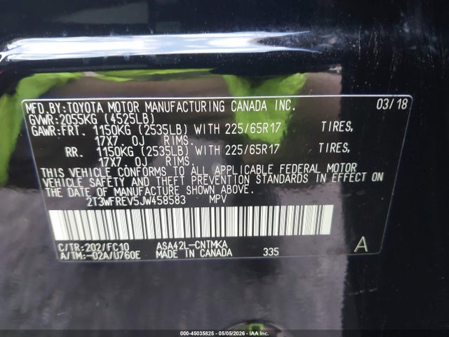 45035825 :رقم المزاد ، 2T3WFREV5JW458583 vin ، 2018 Toyota Rav4 Xle مزاد بيع