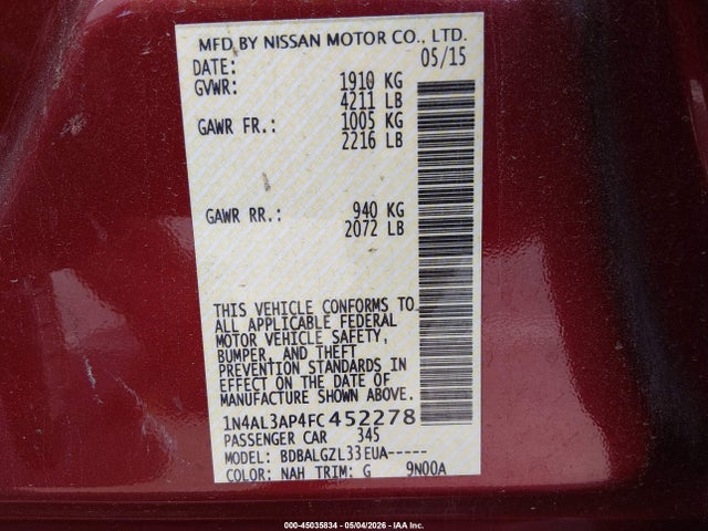 45035834 :رقم المزاد ، 1N4AL3AP4FC452278 vin ، 2015 Nissan Altima 2.5/2.5 S/2.5 Sl/2.5 Sv مزاد بيع