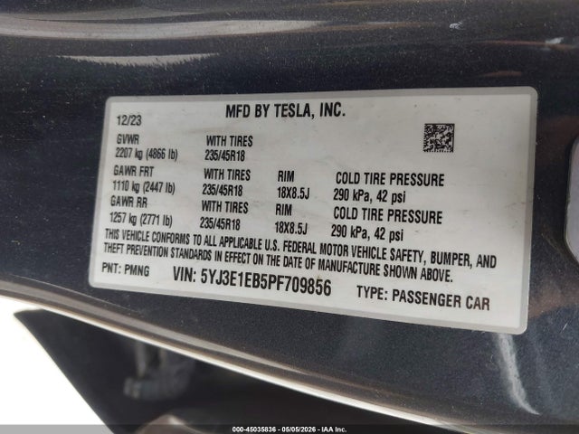 2023 Tesla Model 3 Long Range Dual Motor All-wheel Drive მანქანა იყიდება აუქციონზე, vin: 5YJ3E1EB5PF709856, აუქციონის ნომერი: 45035836