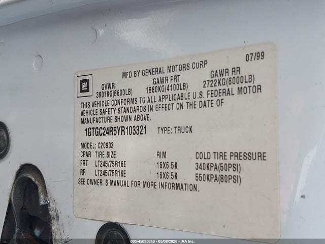 2000 Gmc Sierra 2500 Classic Sl მანქანა იყიდება აუქციონზე, vin: 1GTGC24R5YR103321, აუქციონის ნომერი: 45035840