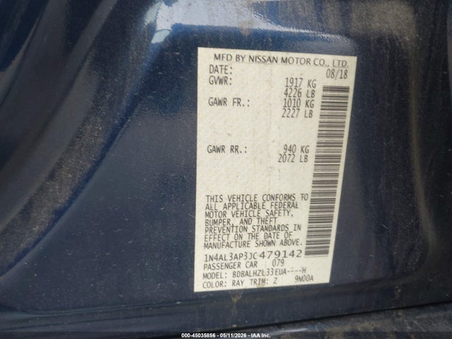 Продаж на аукціоні авто 2018 Nissan Altima 2.5 Sr, vin: 1N4AL3AP3JC479142, номер лоту: 45035856