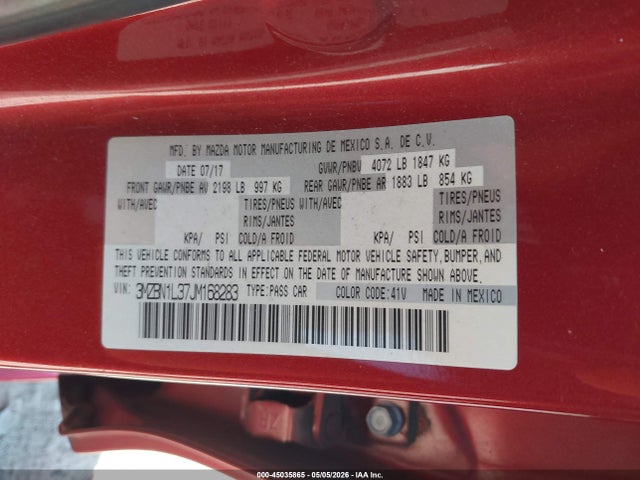 45035865 :رقم المزاد ، 3MZBN1L37JM168283 vin ، 2018 Mazda Mazda3 Touring مزاد بيع