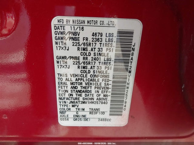 45035866 :رقم المزاد ، JN8AT2MV1HW257940 vin ، 2017 Nissan Rogue S مزاد بيع
