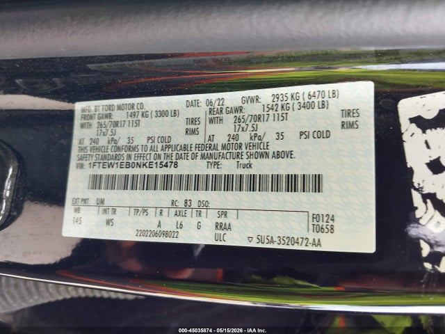 Aukcja sprzedaży 2022 Ford F-150 Xl, vin: 1FTEW1EB0NKE15478, numer aukcji: 45035874