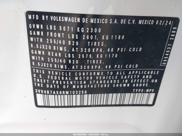 Aukcja sprzedaży 2024 Volkswagen Tiguan 2.0t Sel R-line, vin: 3VV4B7AX6RM103256, numer aukcji: 45035882