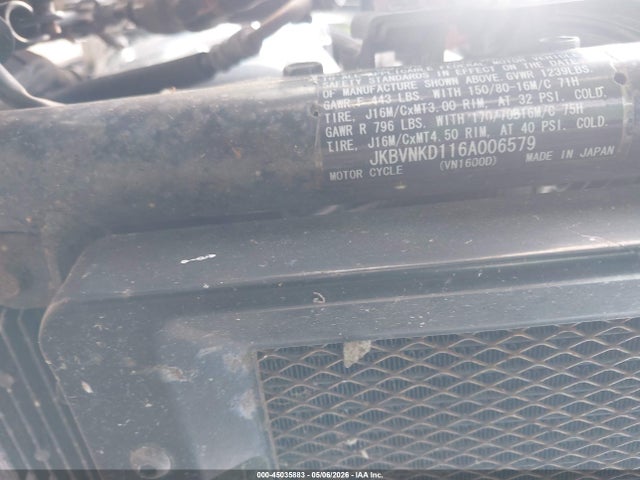 2006 Kawasaki Vn1600 D6f მანქანა იყიდება აუქციონზე, vin: JKBVNKD116A006579, აუქციონის ნომერი: 45035883