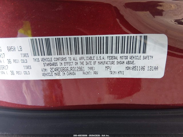 Продажа на аукционе авто 2018 Dodge Grand Caravan Se, vin: 2C4RDGBG6JR312961, номер лота: 45035886