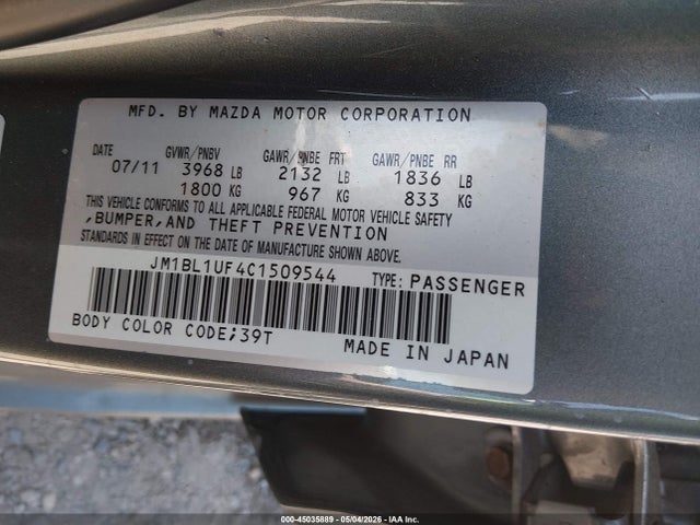 Aukcja sprzedaży 2012 Mazda Mazda3 I Sport, vin: JM1BL1UF4C1509544, numer aukcji: 45035889