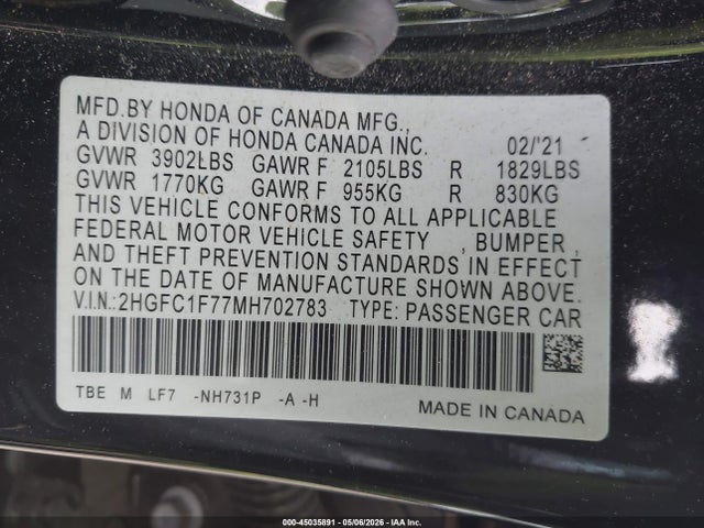 2HGFC1F77MH702783 Honda Civic Ex-l