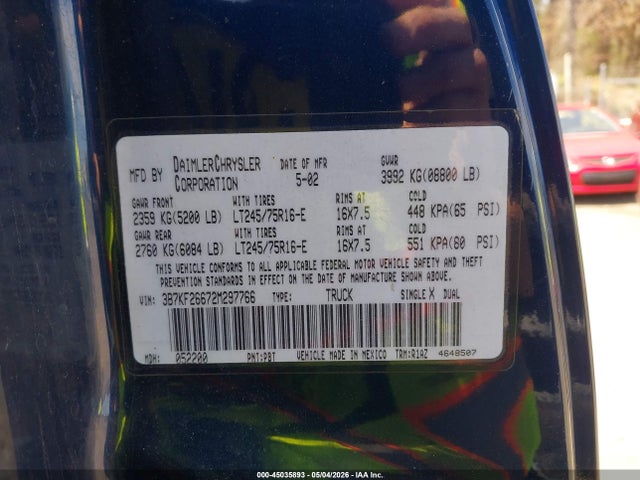 Продажа на аукционе авто 2002 Dodge Ram 2500 St, vin: 3B7KF26672M297766, номер лота: 45035893