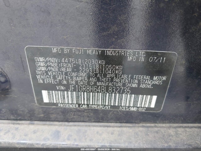 Aukcja sprzedaży 2011 Subaru Impreza Wrx Sti, vin: JF1GR8H64BL832735, numer aukcji: 45035897