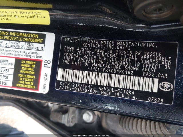 2012 Toyota Camry Se Limited Edition მანქანა იყიდება აუქციონზე, vin: 4T1BF1FKXCU169182, აუქციონის ნომერი: 45035901