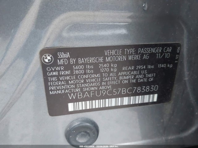2011 Bmw 550i Xdrive მანქანა იყიდება აუქციონზე, vin: WBAFU9C57BC783830, აუქციონის ნომერი: 45035906
