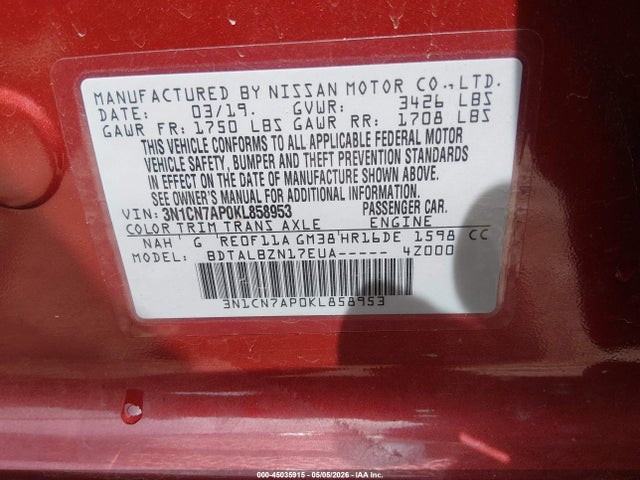 Продаж на аукціоні авто 2019 Nissan Versa 1.6 Sv, vin: 3N1CN7AP0KL858953, номер лоту: 45035915