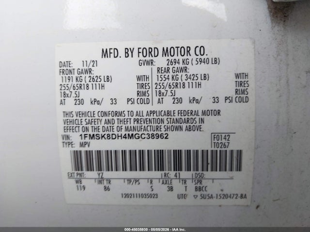 45035930 :رقم المزاد ، 1FMSK8DH4MGC38962 vin ، 2021 Ford Explorer Xlt مزاد بيع