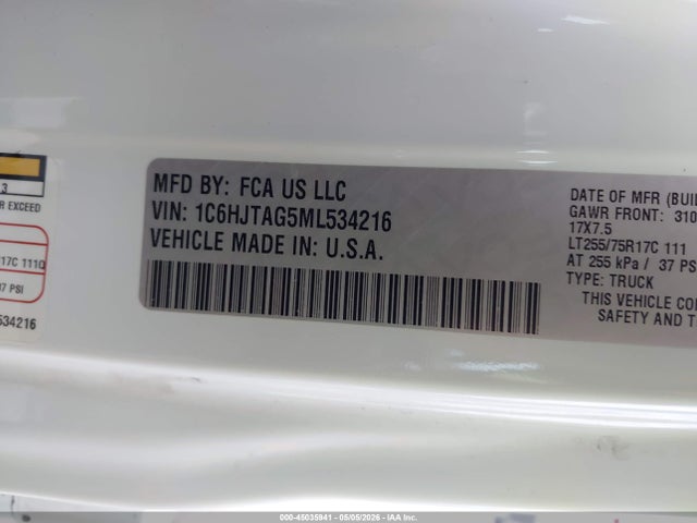 45035941 :رقم المزاد ، 1C6HJTAG5ML534216 vin ، 2021 Jeep Gladiator Willys Sport 4x4 مزاد بيع