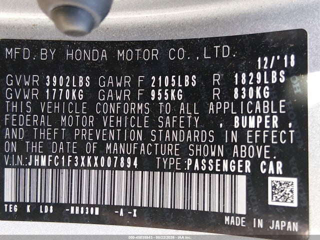 Aukcja sprzedaży 2019 Honda Civic Ex, vin: JHMFC1F3XKX007894, numer aukcji: 45035943