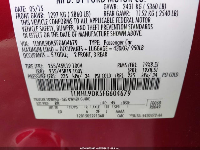 Продаж на аукціоні авто 2015 Lincoln Mks, vin: 1LNHL9DK5FG604679, номер лоту: 45035945