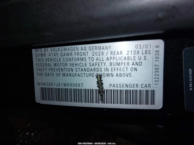 Aukcja sprzedaży 2001 Volkswagen Jetta Gls, vin: WVWSB61J81W690687, numer aukcji: 45035946