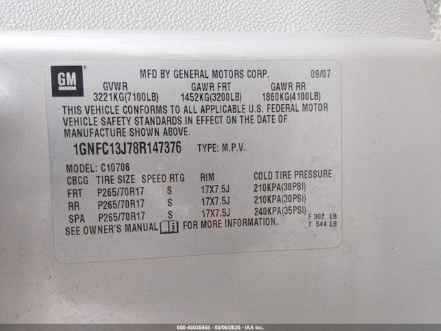 Продажа на аукционе авто 2008 Chevrolet Tahoe Lt, vin: 1GNFC13J78R147376, номер лота: 45035958