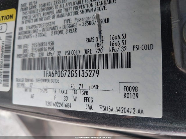 Продажа на аукционе авто 2016 Ford Fusion S, vin: 1FA6P0G72G5135279, номер лота: 45035960