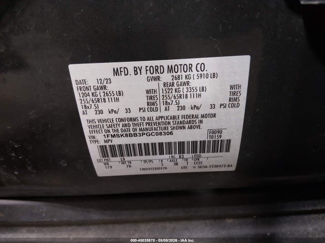 45035970 :رقم المزاد ، 1FMSK8BB3PGC08306 vin ، 2023 Ford Explorer مزاد بيع