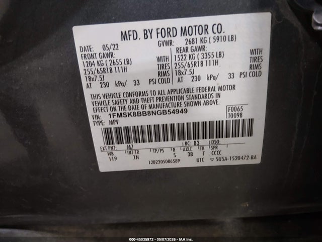 1FMSK8BB8NGB54949 Ford Explorer