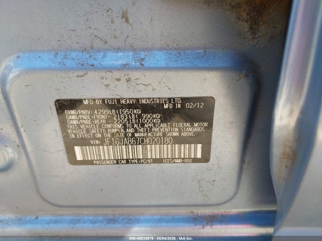 45035979 :رقم المزاد ، JF1GJAB67CH020180 vin ، 2012 Subaru Impreza 2.0i Premium مزاد بيع