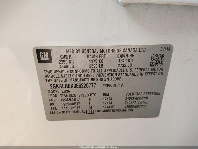 GMC Terrain Sle-2 2014 2GKALREK0E6226777 Image 9