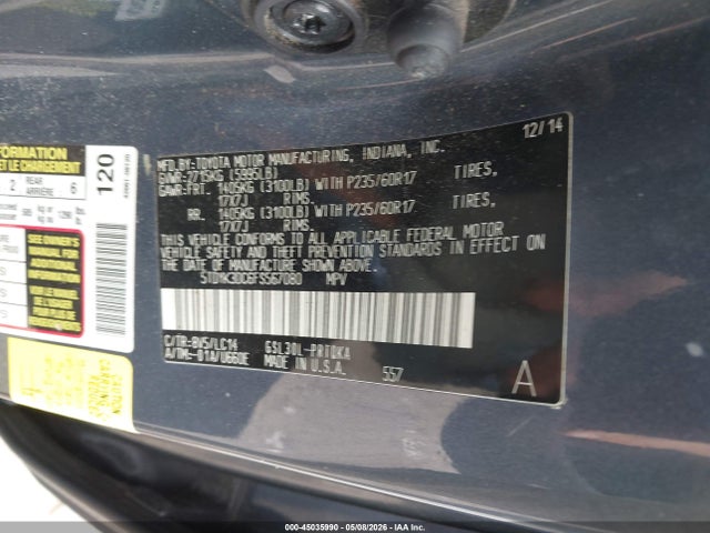 Toyota Sienna Xle 8 Passenger 2015 5TDYK3DC6FS567080 Image 9