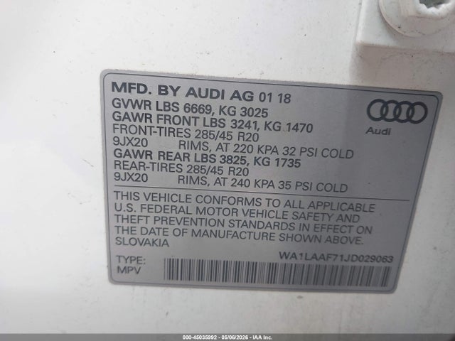 Продажа на аукционе авто 2018 Audi Q7 3.0t Premium, vin: WA1LAAF71JD029063, номер лота: 45035992