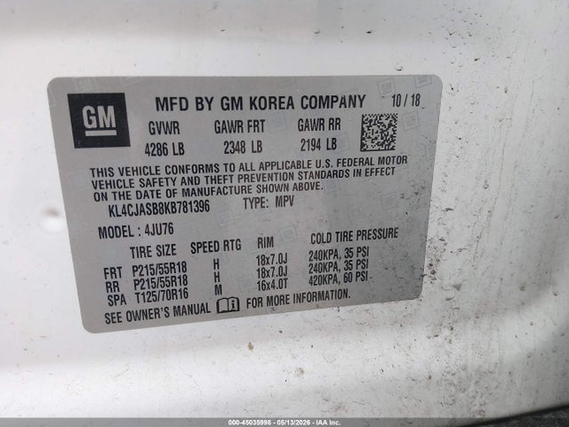 45035998 :رقم المزاد ، KL4CJASB8KB781396 vin ، 2019 Buick Encore Fwd Preferred مزاد بيع
