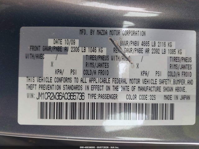 Продажа на аукционе авто 2010 Mazda Mazda5 Sport, vin: JM1CR2W36A0365736, номер лота: 45036000
