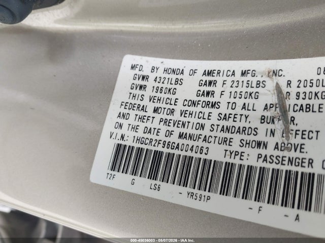 Aukcja sprzedaży 2016 Honda Accord Ex-l, vin: 1HGCR2F96GA004063, numer aukcji: 45036003