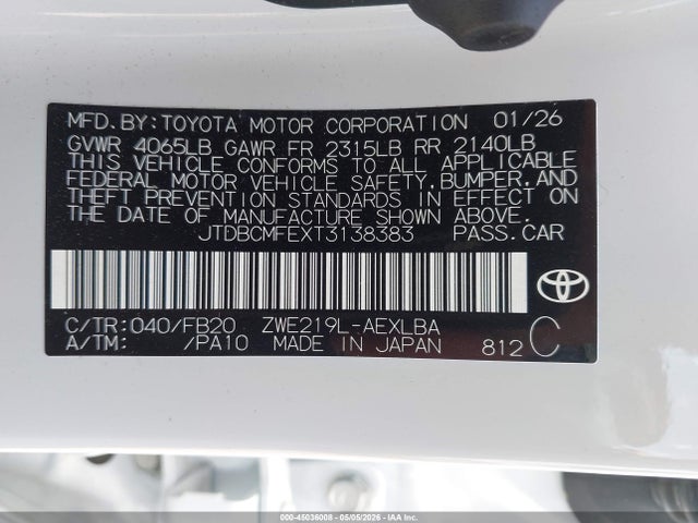 45036008 :رقم المزاد ، JTDBCMFEXT3138383 vin ، 2026 Toyota Corolla Hybrid Hybrid Le مزاد بيع