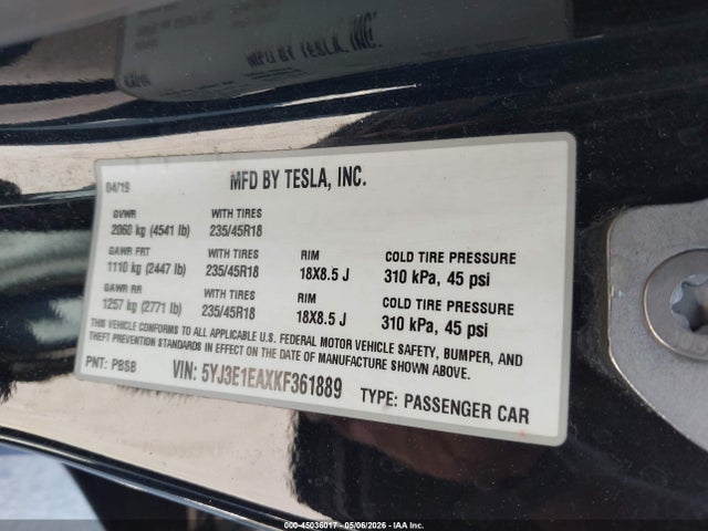 Aukcja sprzedaży 2019 Tesla Model 3 Long Range/mid Range/standard Range/standard Range Plus, vin: 5YJ3E1EAXKF361889, numer aukcji: 45036017