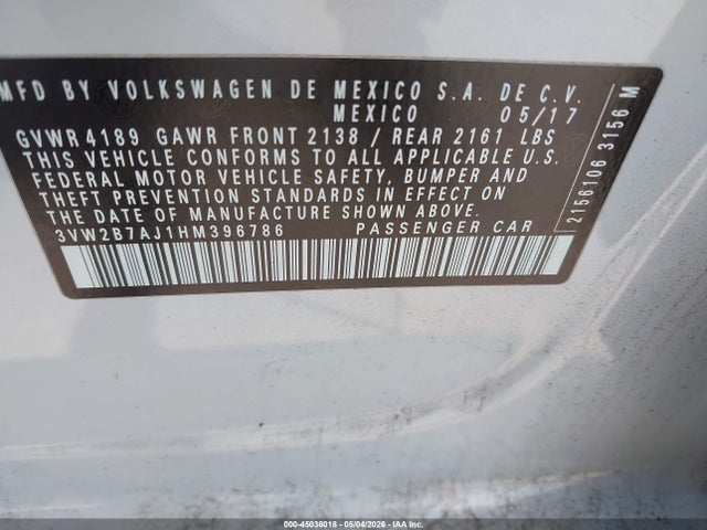 Продажа на аукционе авто 2017 Volkswagen Jetta 1.4t S, vin: 3VW2B7AJ1HM396786, номер лота: 45036018