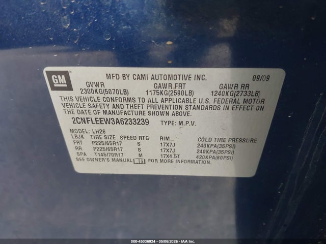45036024 :رقم المزاد ، 2CNFLEEW3A6233239 vin ، 2010 Chevrolet Equinox Lt مزاد بيع