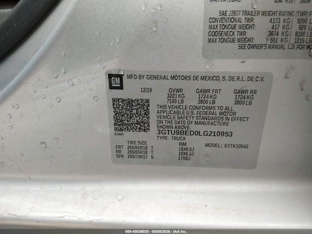 Aukcja sprzedaży 2020 Gmc Sierra 1500 4wd  Short Box Sle, vin: 3GTU9BED0LG210953, numer aukcji: 45036025