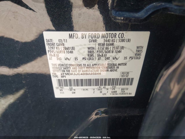 45036028 :رقم المزاد ، 2FMDK3JC4BBA95844 vin ، 2011 Ford Edge Sel مزاد بيع