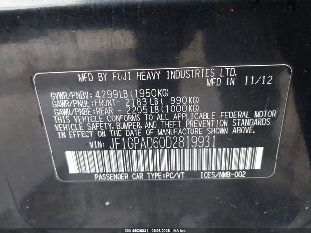 45036031 :رقم المزاد ، JF1GPAD60D2819931 vin ، 2013 Subaru Impreza 2.0i Premium مزاد بيع