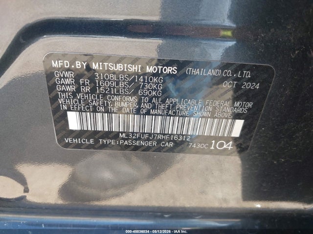 2024 Mitsubishi Mirage G4 Es მანქანა იყიდება აუქციონზე, vin: ML32FUFJ7RHF16312, აუქციონის ნომერი: 45036034