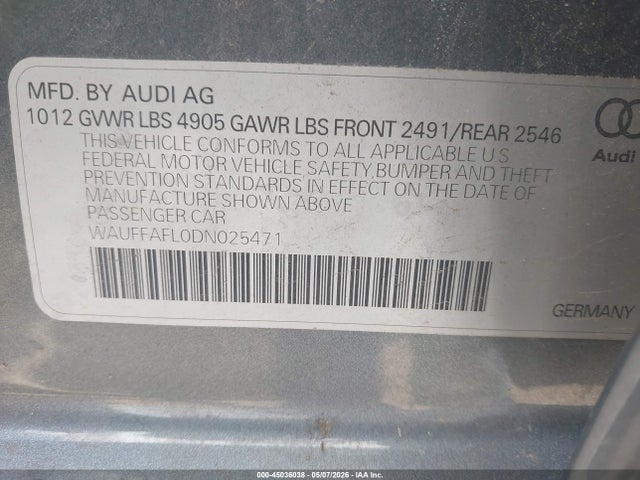 2013 Audi A4 2.0t Premium მანქანა იყიდება აუქციონზე, vin: WAUFFAFL0DN025471, აუქციონის ნომერი: 45036038